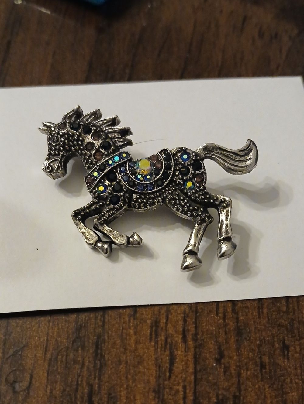 Silver Toned Horse Brooch with Multicolor Accents